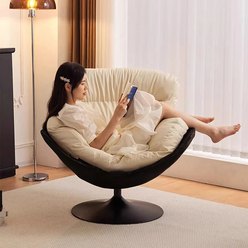 Contemporary Nordic Cat-Scratch Leather Carbon Steel Curved Round-Base Swivel Lounge Chair With Backrest For Living Room
