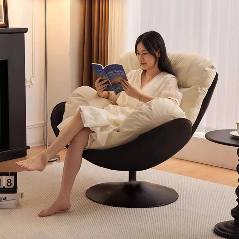 Contemporary Nordic Cat-Scratch Leather Carbon Steel Curved Round-Base Swivel Lounge Chair With Backrest For Living Room