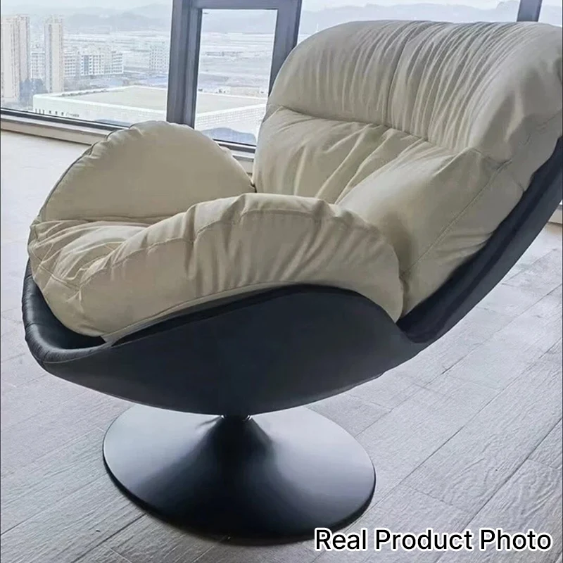 Contemporary Nordic Cat-Scratch Leather Carbon Steel Curved Round-Base Swivel Lounge Chair With Backrest For Living Room