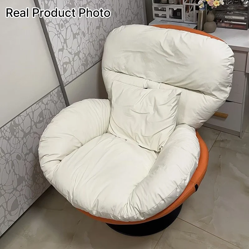Contemporary Nordic Cat-Scratch Leather Carbon Steel Curved Round-Base Swivel Lounge Chair With Backrest For Living Room