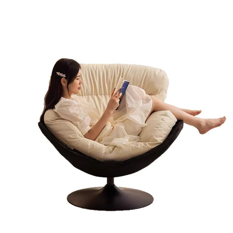 Contemporary Nordic Cat-Scratch Leather Carbon Steel Curved Round-Base Swivel Lounge Chair With Backrest For Living Room