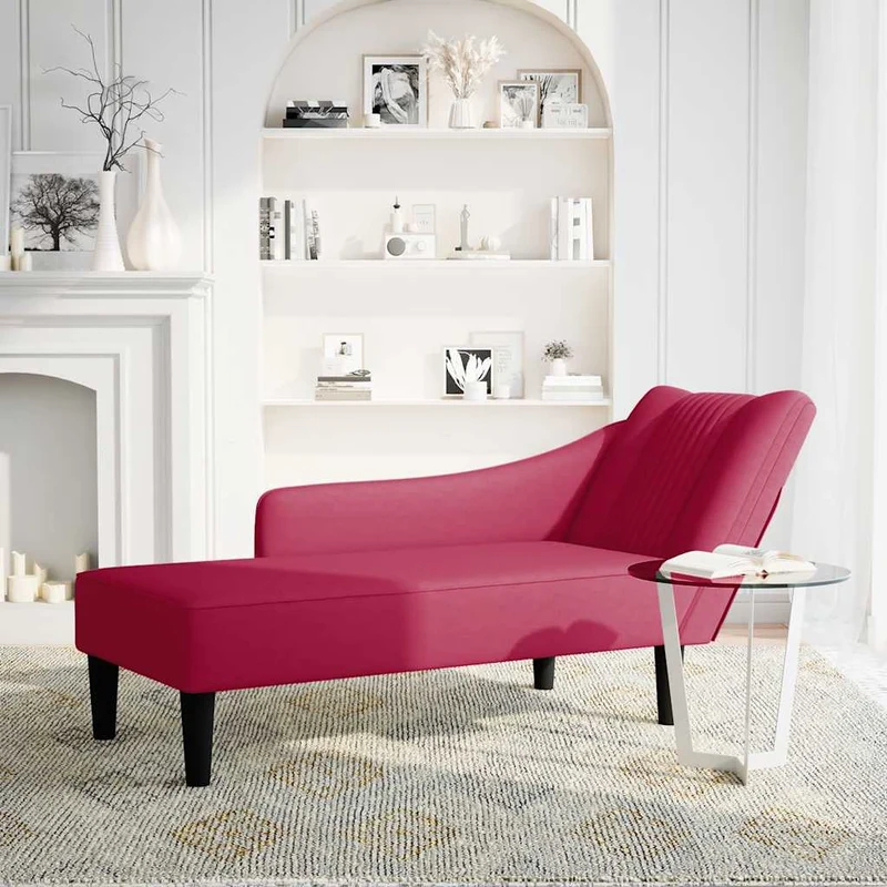 Chaise-longue com apoio de braço direito vinho tinto veludo
