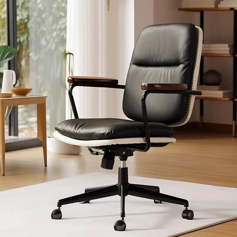 Contemporary Luxury Square Oil Wax Leather Carbon Steel Height Adjustable Swivel Desk Chair Backrest Armrest For Home Office