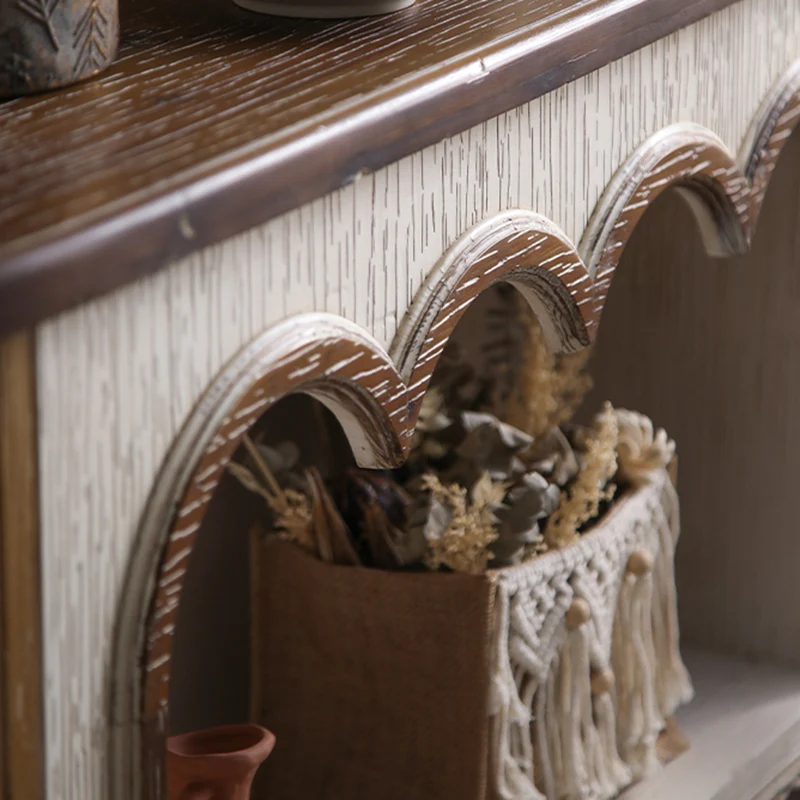 Traditional Rustic Wood MDF Rectangular Console Table With Classic Carvings, 3-Tier Design For Living Room