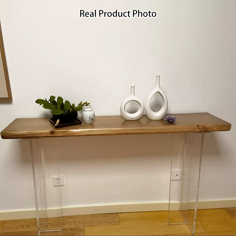 Modern Minimalist Pine Wood & Acrylic Rectangular Console Table For Entryway
