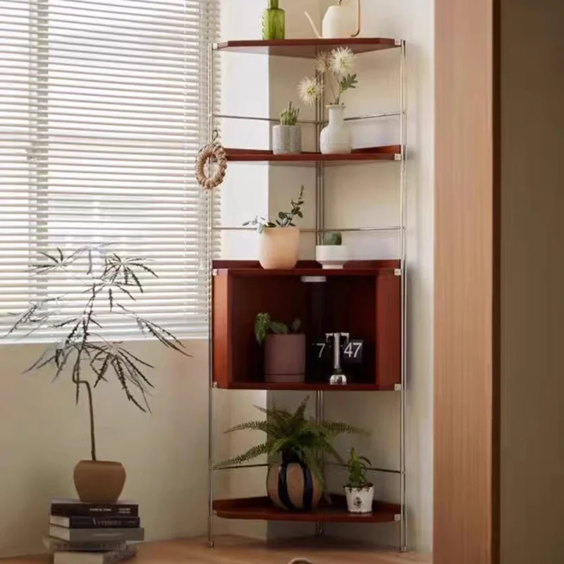 Modern Minimalist Triangular Cherry Wood Stainless Steel Corner Shelf Unit 5-Tier For Living Room