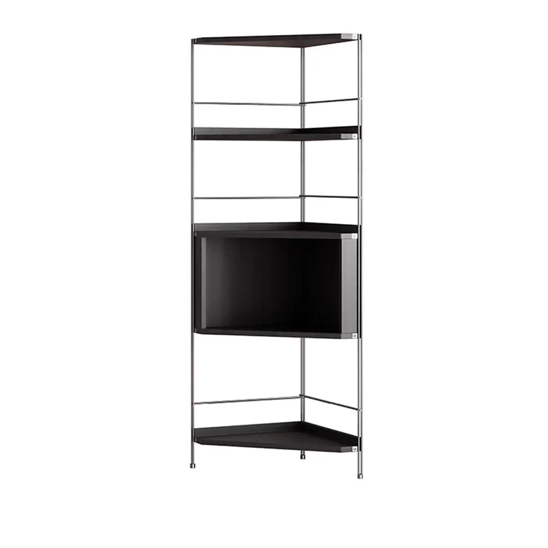 Modern Minimalist Triangular Cherry Wood Stainless Steel Corner Shelf Unit 5-Tier For Living Room