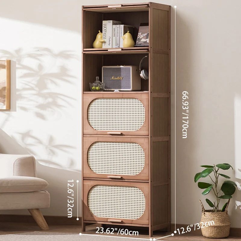Contemporary Retro Rectangular Nan Bamboo Plastic Rattan Weaving Storage Cabinet 3/4/5-Tier For Living Room