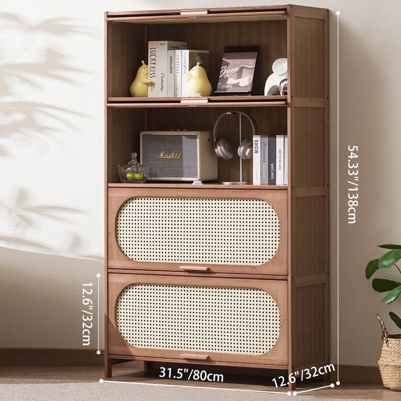 Contemporary Retro Rectangular Nan Bamboo Plastic Rattan Weaving Storage Cabinet 3/4/5-Tier For Living Room