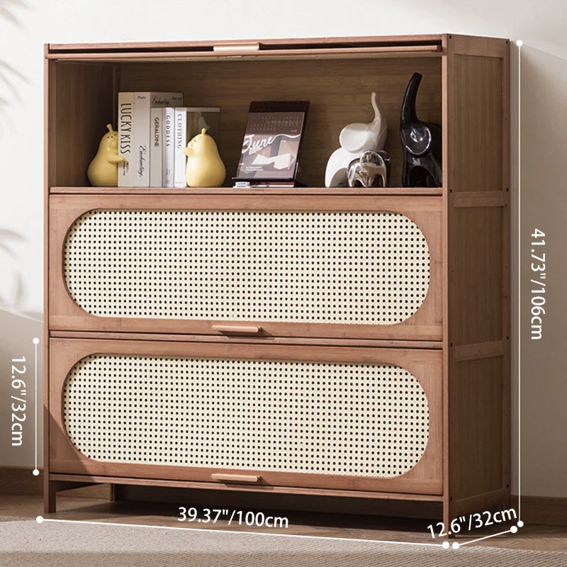Contemporary Retro Rectangular Nan Bamboo Plastic Rattan Weaving Storage Cabinet 3/4/5-Tier For Living Room