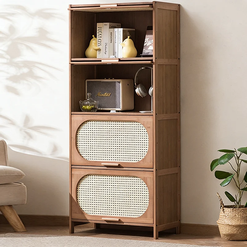 Contemporary Retro Rectangular Nan Bamboo Plastic Rattan Weaving Storage Cabinet 3/4/5-Tier For Living Room