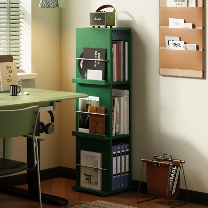 Modern Minimalist Narrow Rectangular Solid Rubberwood Aluminum Alloy Floor-Standing Bookshelf 3-Tier For Study