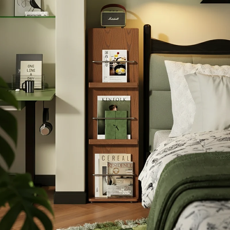 Modern Minimalist Narrow Rectangular Solid Rubberwood Aluminum Alloy Floor-Standing Bookshelf 3-Tier For Study