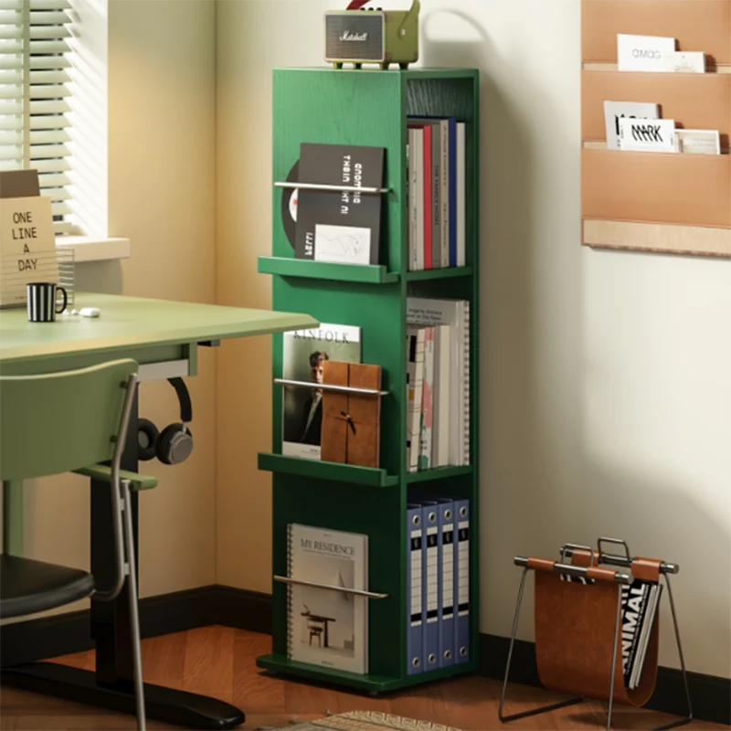 Modern Minimalist Narrow Rectangular Solid Rubberwood Aluminum Alloy Floor-Standing Bookshelf 3-Tier For Study