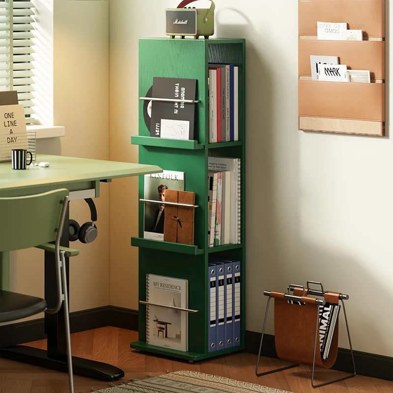 Modern Minimalist Narrow Rectangular Solid Rubberwood Aluminum Alloy Floor-Standing Bookshelf 3-Tier For Study