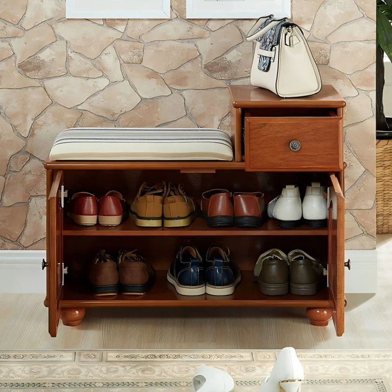 Traditional Vintage Rectangular Solid Wood Medium Density Fiberboard Fabric Sponge Storage Cabinet 4-Leg 2-Cabinet 1-Drawer For Entryways