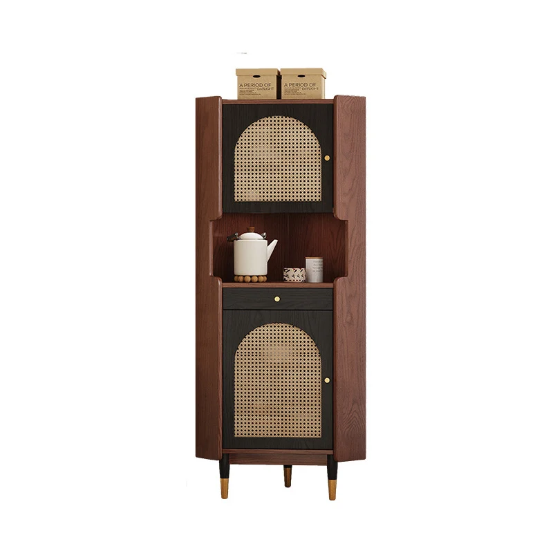 Traditional Japanese Rectangular Medium Density Fiberboard Bamboo Weaving Solid Wood Corner Shelf Unit 2-Cabinet For Living Room
