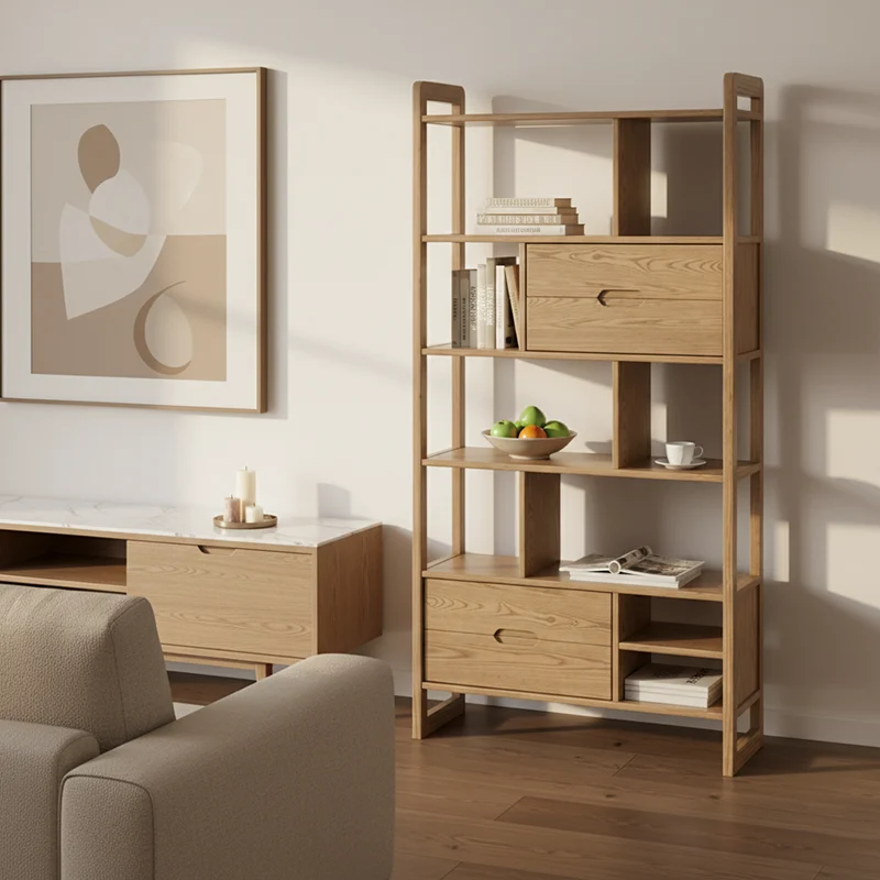 Rustic Solid Ash Wood Shelf - Multi-Compartment Organizer Storage Shelf For Living Room & Study
