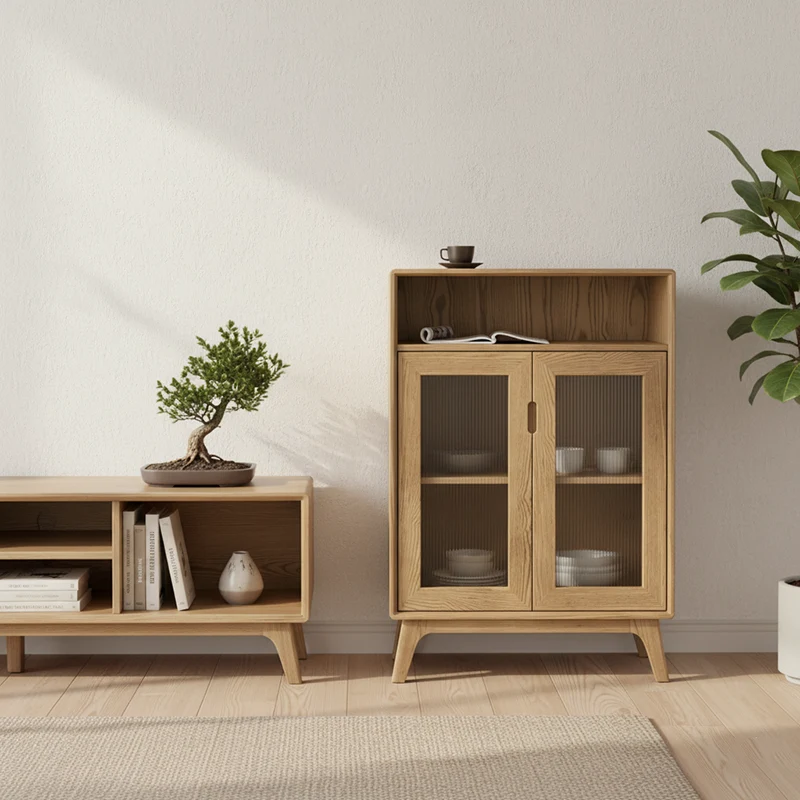 Multi-Layer Storage & Rustic Style Side Cabinet - Premium Ash Wood Storage Cabinet 3-Layer Cabinet For Living Room