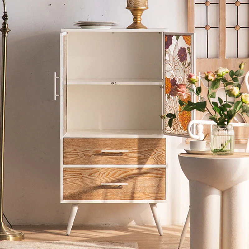 Traditional French Pine & MDF Rectangular Storage Cabinet With Enamel Glass Doors, 2 Drawers & 2 Compartments For Bedroom & Living Room