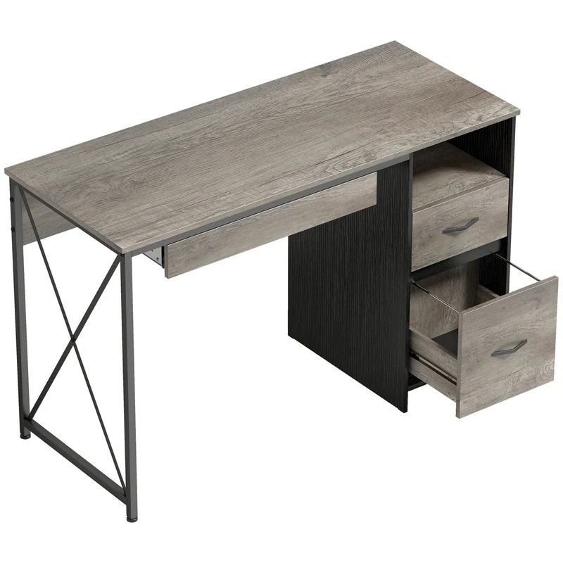 Mesa de Computador 120×50 cm Mesa com Arrumação Bandeja para Teclado Compartimento Aberto e 2 Gavetas Cinza