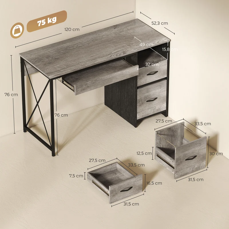 Mesa de Computador 120×50 cm Mesa com Arrumação Bandeja para Teclado Compartimento Aberto e 2 Gavetas Cinza