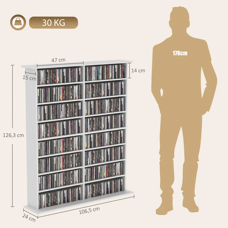 Estante de Mídia 8 Níveis Estante para DVDs com 12 Prateleiras Ajustáveis 16 Compartimentos para 720 CDs Branco