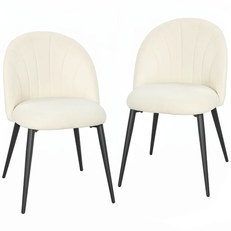 Conjunto de 2 Cadeiras de Sala de Jantar com Encosto em Forma de Concha e Pernas em Metal em Veludo Creme