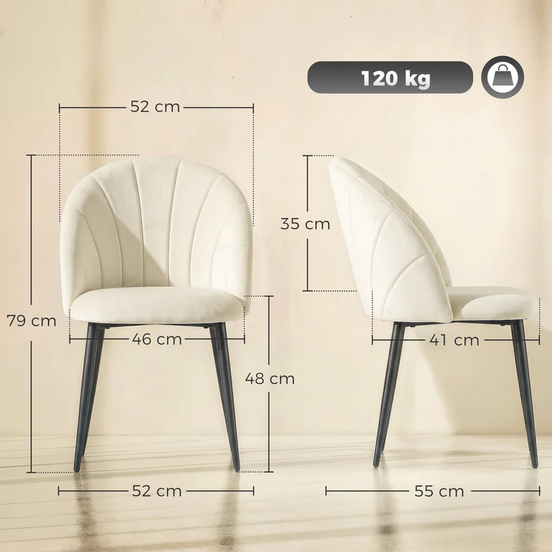 Conjunto de 2 Cadeiras de Sala de Jantar com Encosto em Forma de Concha e Pernas em Metal em Veludo Creme