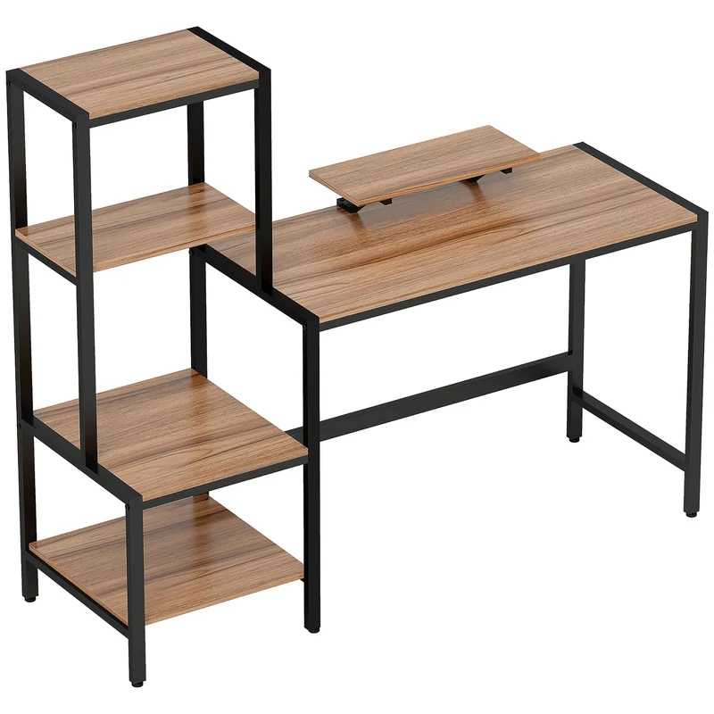 Mesa de Computador com Suporte para Monitor Escrivaninha com Estante de 4 Níveis Design Industrial Castanho