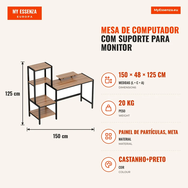 Mesa de Computador com Suporte para Monitor Escrivaninha com Estante de 4 Níveis Design Industrial Castanho
