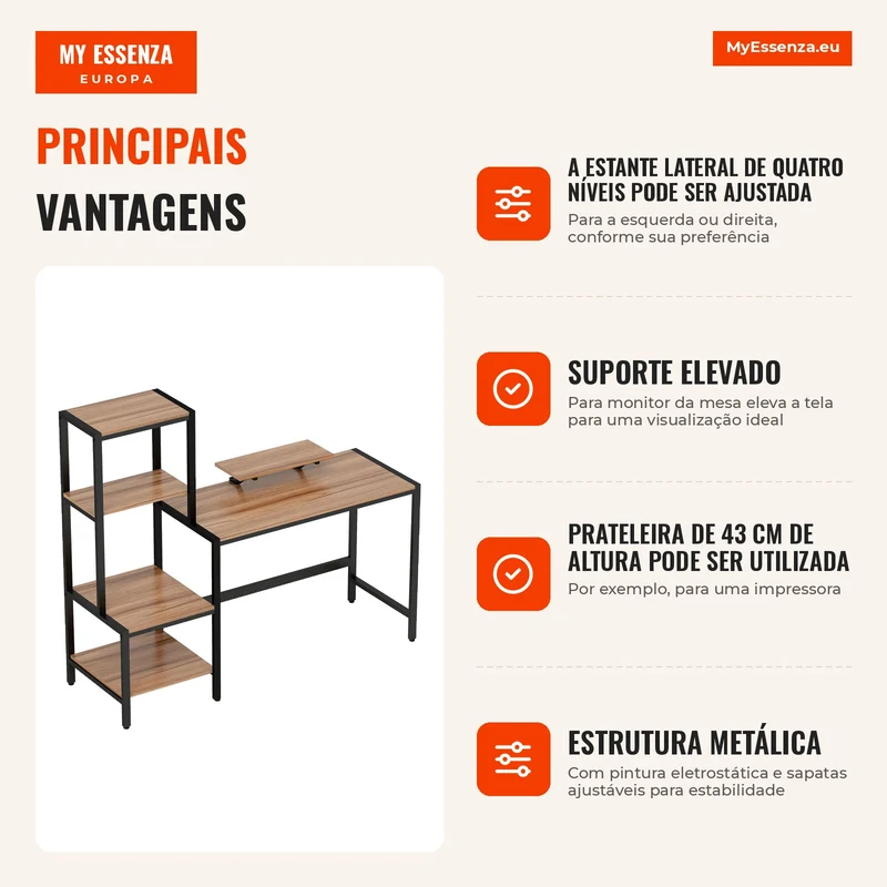 Mesa de Computador com Suporte para Monitor Escrivaninha com Estante de 4 Níveis Design Industrial Castanho
