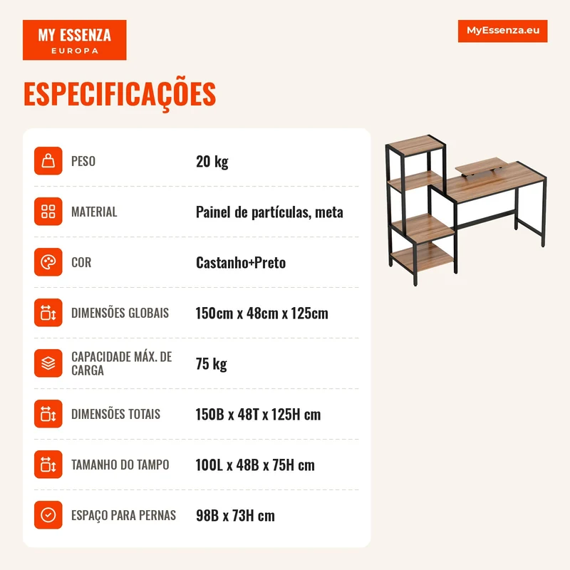 Mesa de Computador com Suporte para Monitor Escrivaninha com Estante de 4 Níveis Design Industrial Castanho