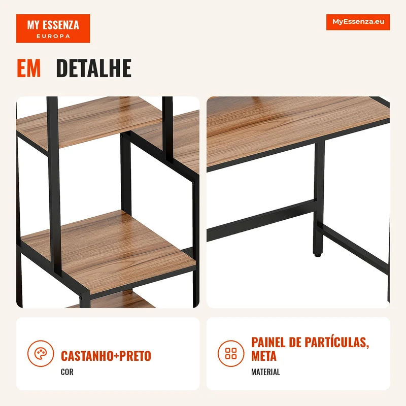 Mesa de Computador com Suporte para Monitor Escrivaninha com Estante de 4 Níveis Design Industrial Castanho