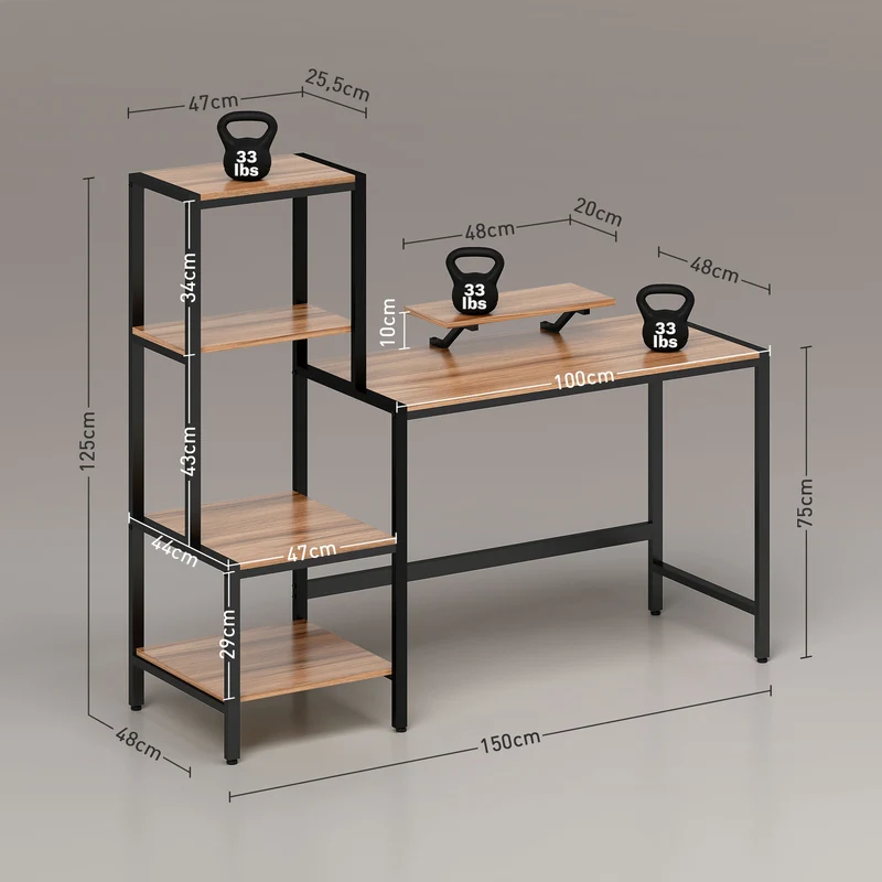 Mesa de Computador com Suporte para Monitor Escrivaninha com Estante de 4 Níveis Design Industrial Castanho