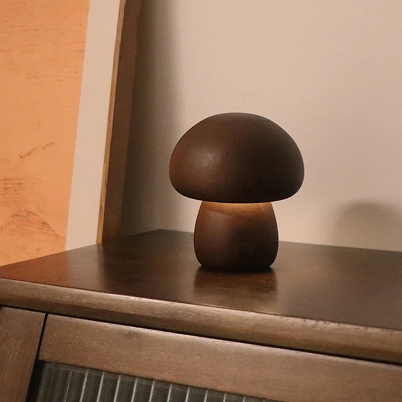 Contemporary Creative Wood Mushroom Round LED Table Lamp For Bedroom