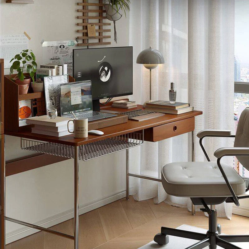 Modern Minimalist Rectangular Rubberwood Stainless Steel Desk 4-Leg 1-Drawer For Home Office