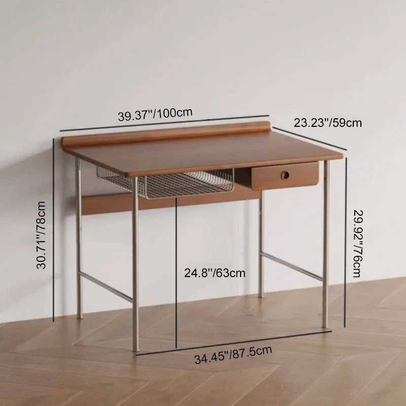 Modern Minimalist Rectangular Rubberwood Stainless Steel Desk 4-Leg 1-Drawer For Home Office