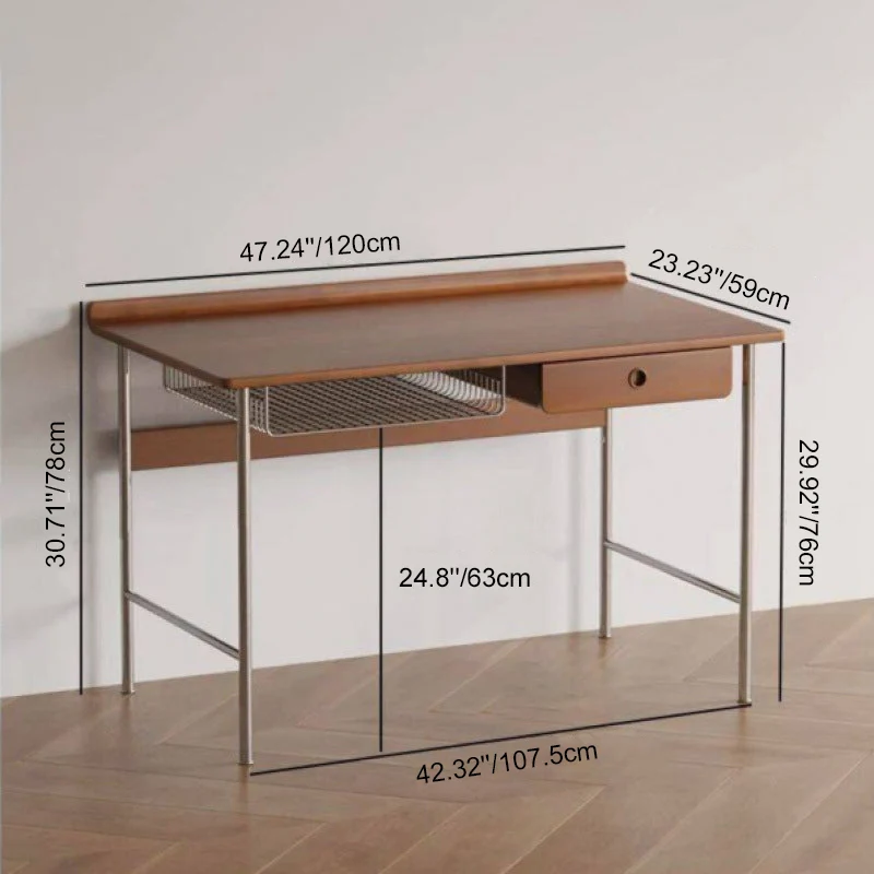 Modern Minimalist Rectangular Rubberwood Stainless Steel Desk 4-Leg 1-Drawer For Home Office
