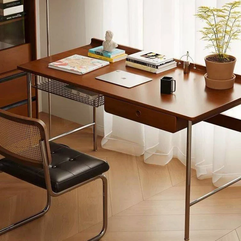 Modern Minimalist Rectangular Rubberwood Stainless Steel Desk 4-Leg 1-Drawer For Home Office