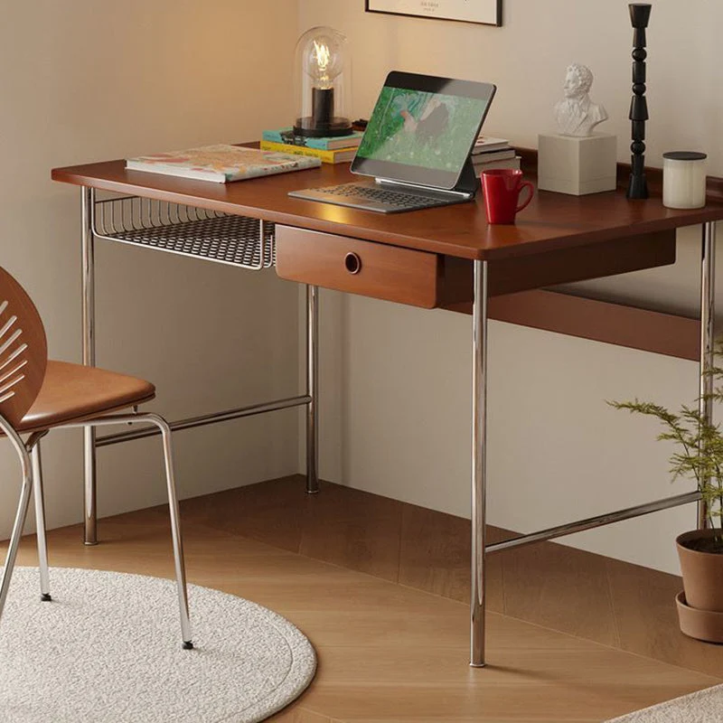 Modern Minimalist Rectangular Rubberwood Stainless Steel Desk 4-Leg 1-Drawer For Home Office