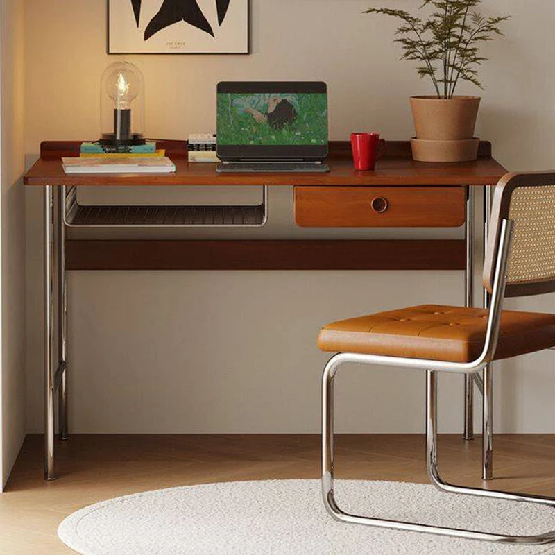 Modern Minimalist Rectangular Rubberwood Stainless Steel Desk 4-Leg 1-Drawer For Home Office