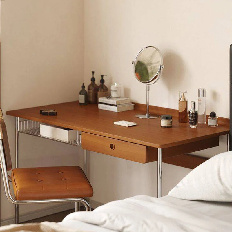 Modern Minimalist Rectangular Rubberwood Stainless Steel Desk 4-Leg 1-Drawer For Home Office