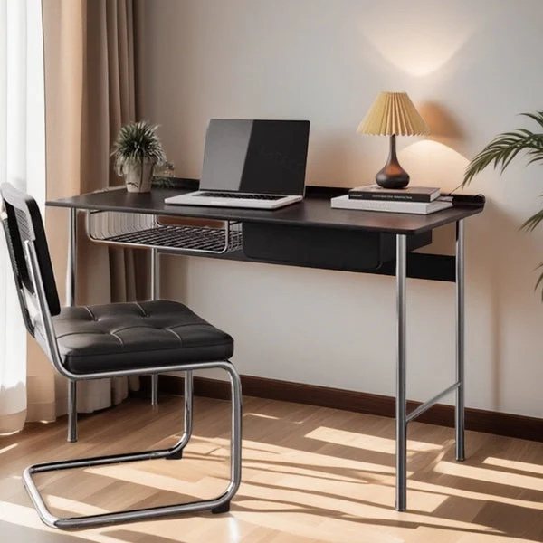 Modern Minimalist Rectangular Rubberwood Stainless Steel Desk 4-Leg 1-Drawer For Home Office