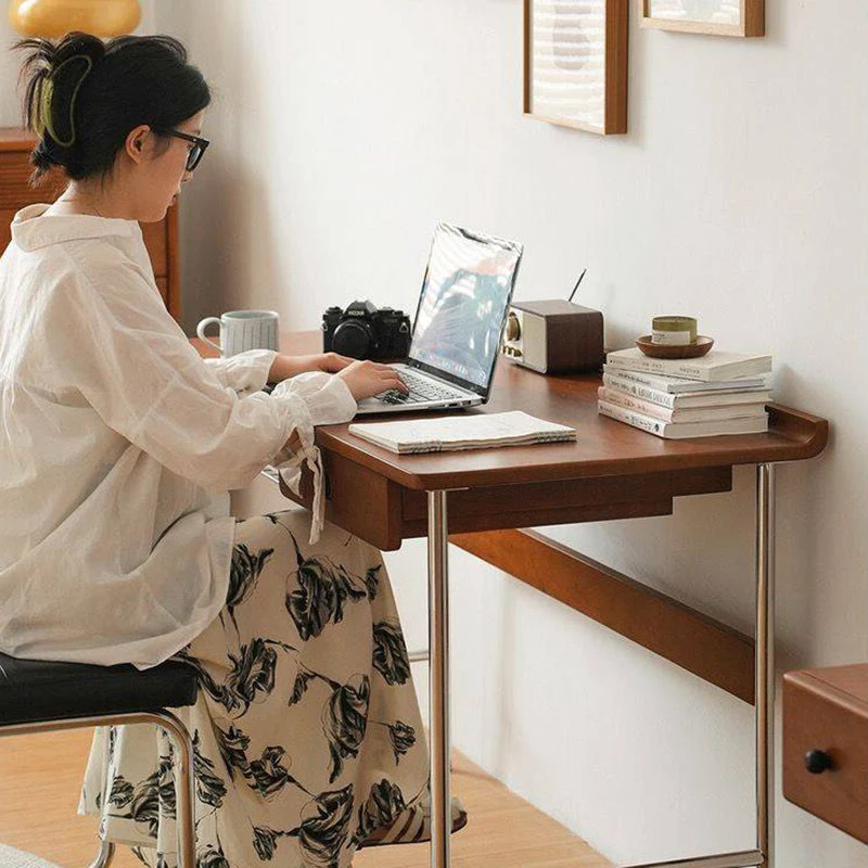 Modern Minimalist Rectangular Rubberwood Stainless Steel Desk 4-Leg 1-Drawer For Home Office