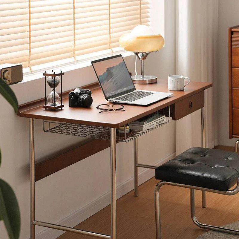 Modern Minimalist Rectangular Rubberwood Stainless Steel Desk 4-Leg 1-Drawer For Home Office