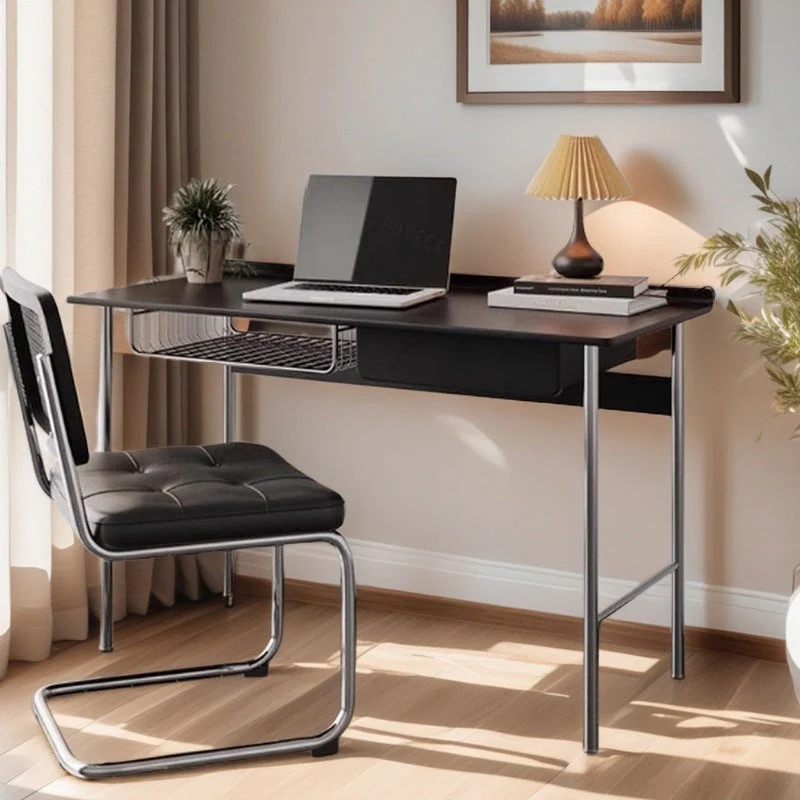 Modern Minimalist Rectangular Rubberwood Stainless Steel Desk 4-Leg 1-Drawer For Home Office