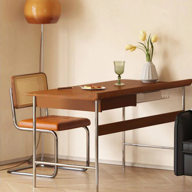 Modern Minimalist Rectangular Rubberwood Stainless Steel Desk 4-Leg 1-Drawer For Home Office