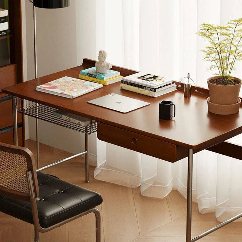 Modern Minimalist Rectangular Rubberwood Stainless Steel Desk 4-Leg 1-Drawer For Home Office