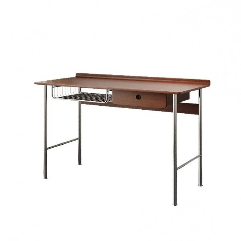 Modern Minimalist Rectangular Rubberwood Stainless Steel Desk 4-Leg 1-Drawer For Home Office